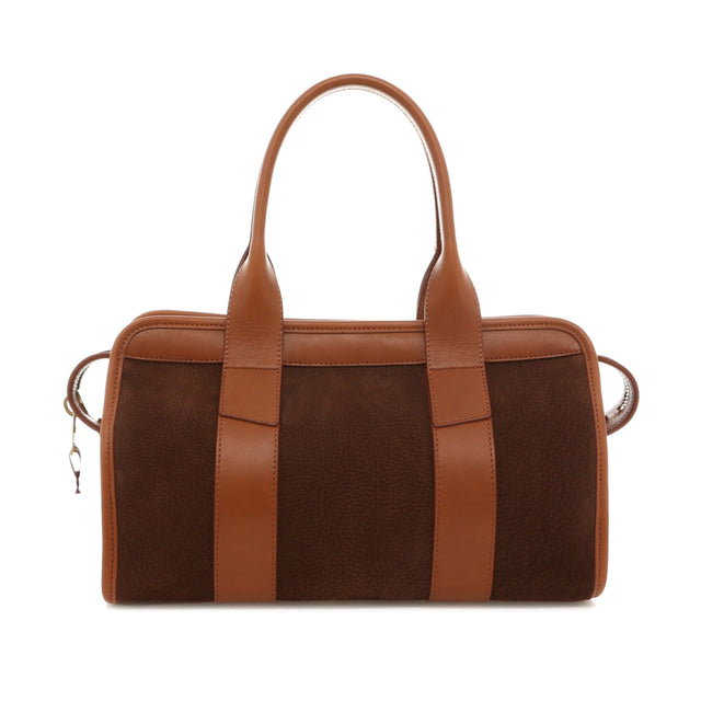 Small Satchel - Brown/Cognac - Nubuck - Mediterranean Blue Tweed Sunbrella