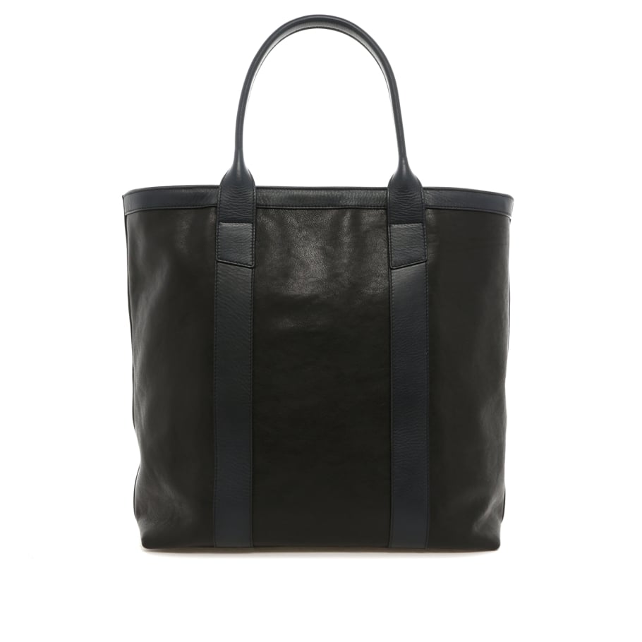 Tall Tote Black Pebbled Leather Zipper Closure Mediterranean Blue Tweed