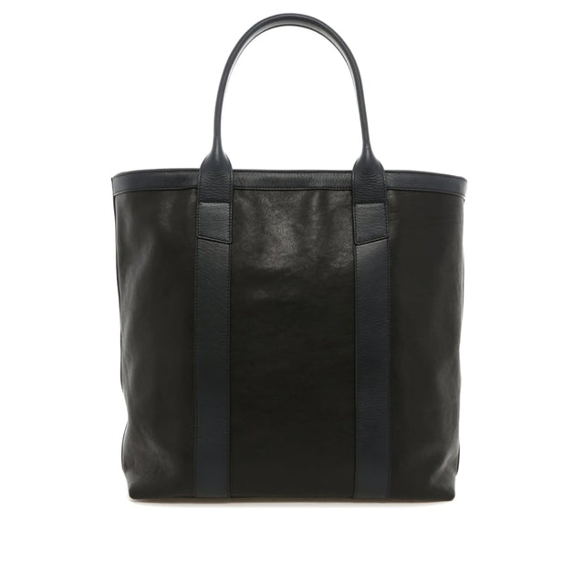 Tall Tote - Black/Navy - Pebbled Leather - Zipper Closure - Mediterranean Blue Tweed