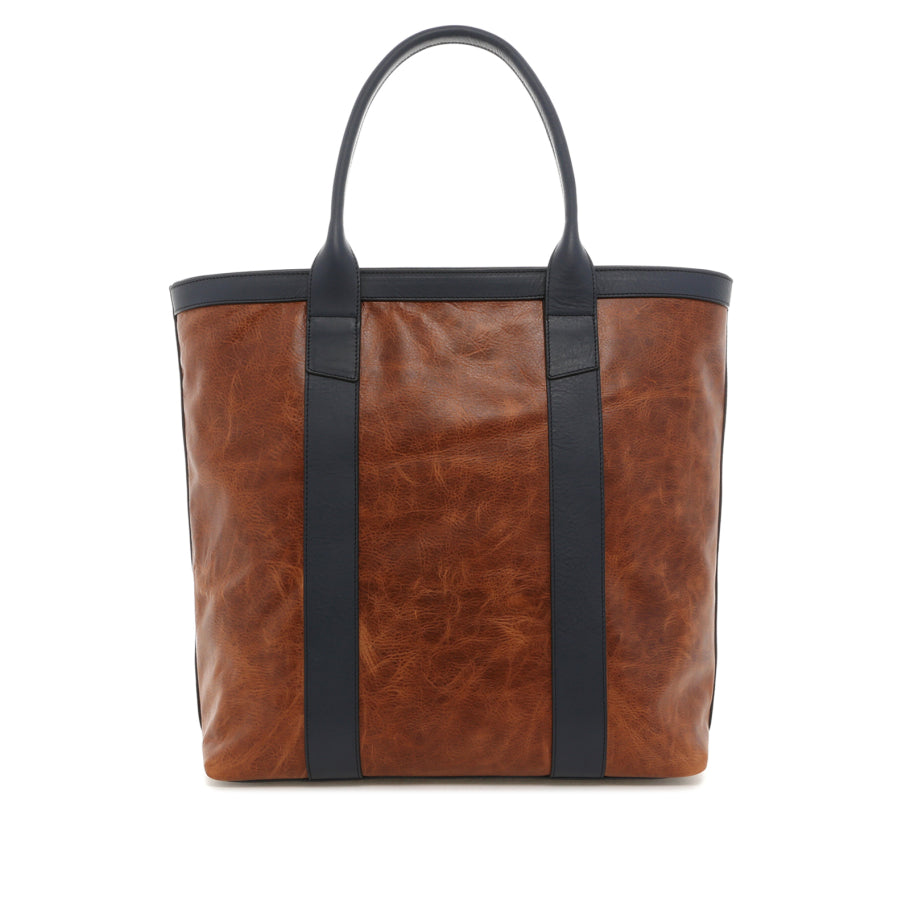 Tall Tote Distressed Brown Navy Tumbled Leather Zipper Closure Tweed Sunbrella