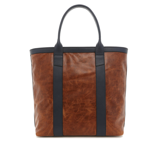 Tall Tote - Distressed Brown/Navy - Tumbled Leather - Zipper Closure - Charcoal Tweed Sunbrella