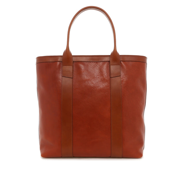 Tall Tote - Potters Clay/Cognac - Pebbled Leather - Zipper Closure - Turquoise Sunbrella