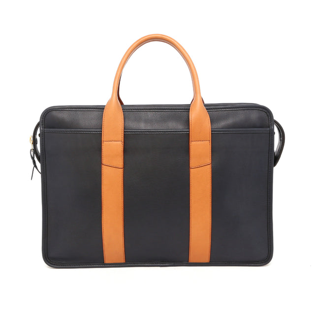 Bound Edge Zip-Top Briefcase - English Blue/Natural - Tumbled Leather