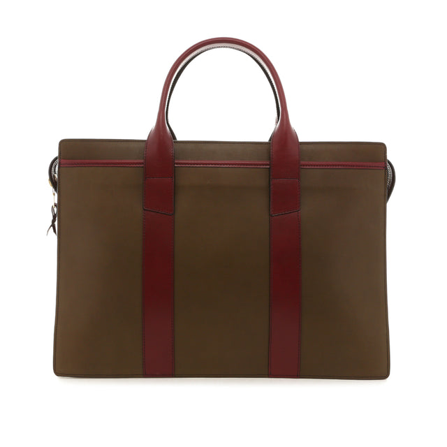 Double Zip-Top Briefcase - Olive/Maroon - Belting Leather