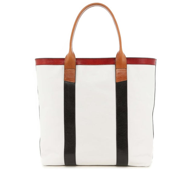 Tall Tote - White/Mix Colors - Glossy Tumbled Leather - Zipper Closure- Mediterranean Blue Sunbrella