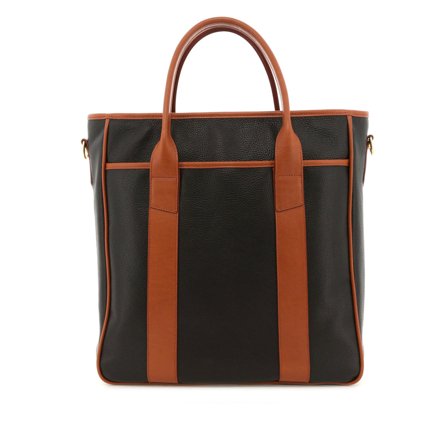 Commuter Tote Black Cognac Pebbled Print Leather Sunbrella