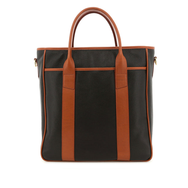 Commuter Tote - Black/Cognac - Pebbled Print Leather - Royal Blue Sunbrella