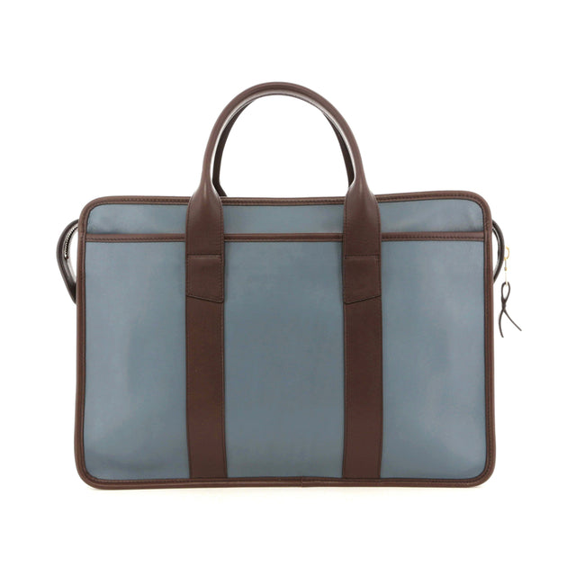 Bound Edge Zip-Top Briefcase - Bluestone/Chocolate - Tumbled Leather