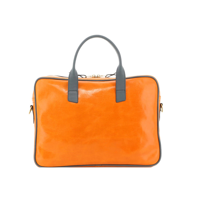 Computer Briefcase - Sun Orange/Navy - Glossy Tumbled Leather