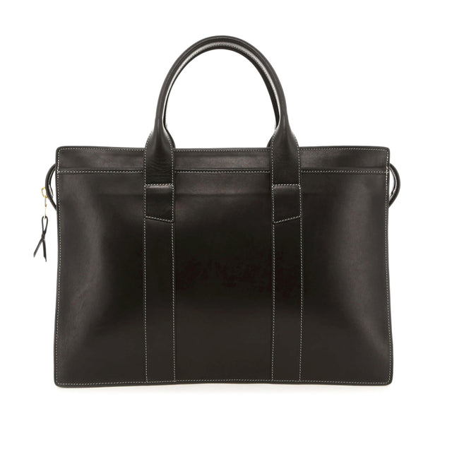 Double Zip-Top Briefcase - Black - Bone Stitch - Smooth Gloss Leather