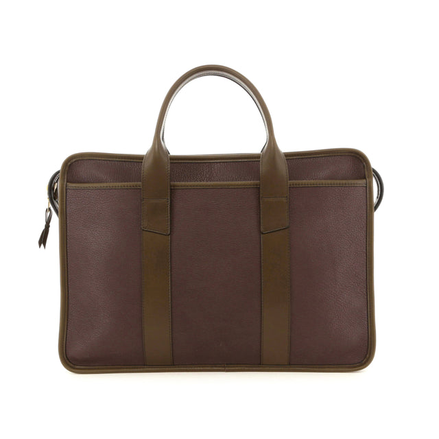 Bound Edge Zip-Top Briefcase - Brown Goatskin / Olive Tumbled Leather
