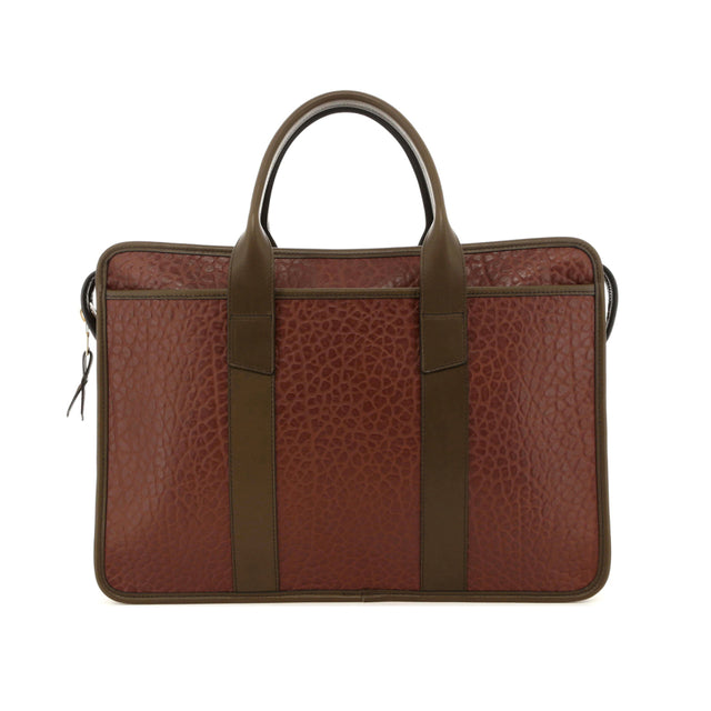 Bound Edge Zip-Top Briefcase - Chestnut/Olive - Shrunken Grain Leather