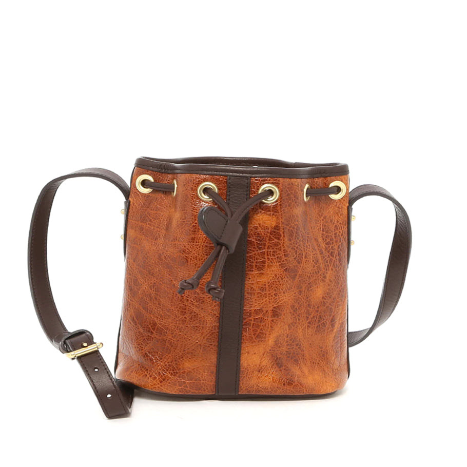 Mini Bucket Bag Sporadic Glossy Light Brown Leather With Chocolate Trim