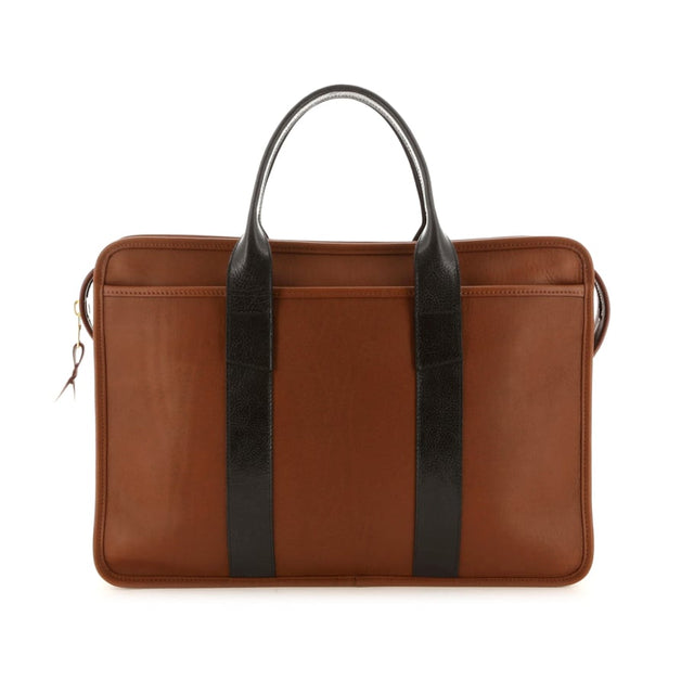 Bound Edge Zip-Top Briefcase - Cognac/Licorice - Tumbled Leather