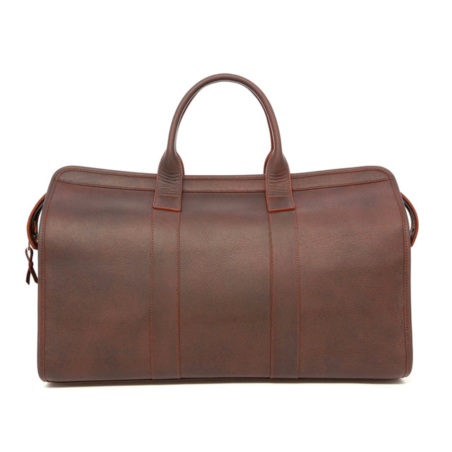 Signature Travel Duffle - Rootbeer - Matte Tumbled Leather - Mediterranean Blue Tweed