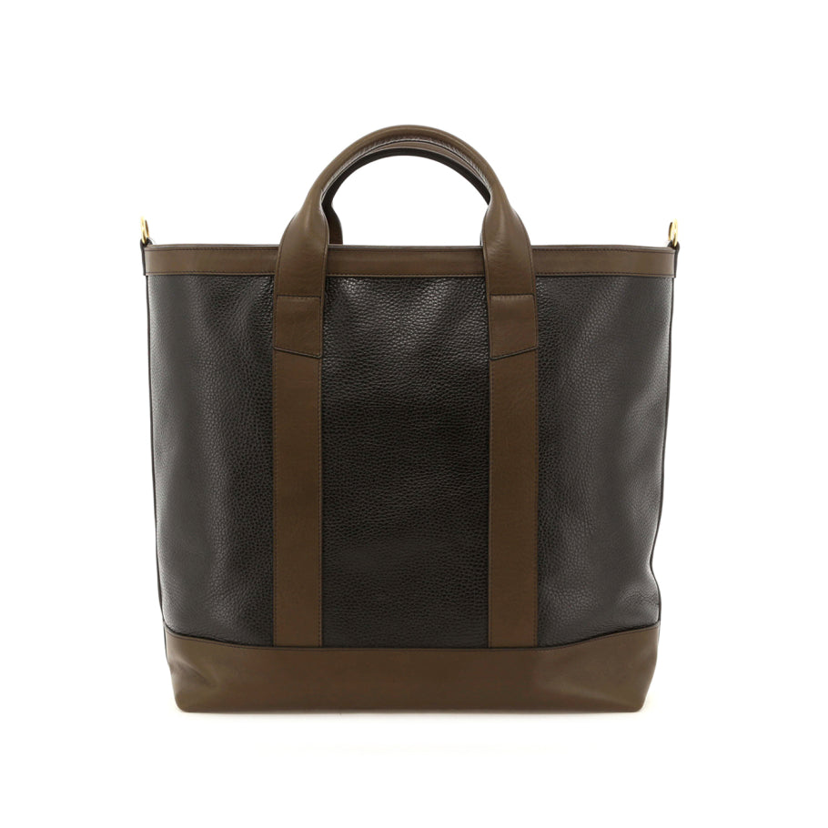 Tall Tote Glossy Black Olive Pebbled Leather Zipper Closure 4 Handles Captain Sunbrella