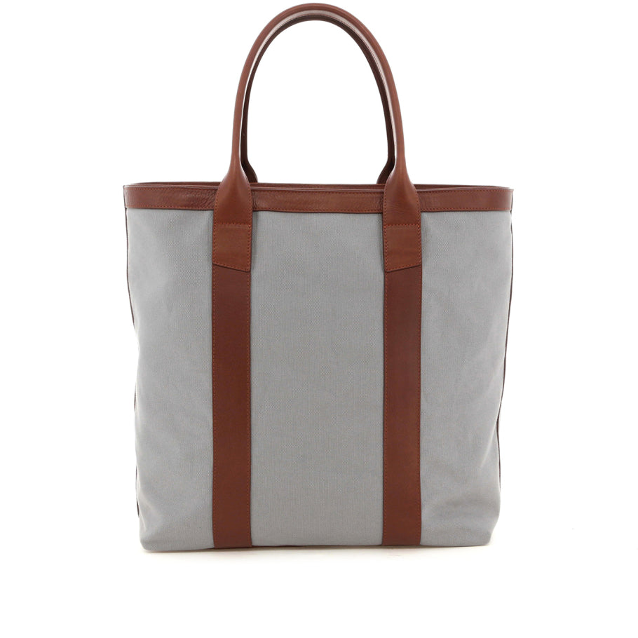 Tall Tote Grey Canvas Chestnut Tumbled Leather Zipper Closure Mediterranean Blue Sunbrella