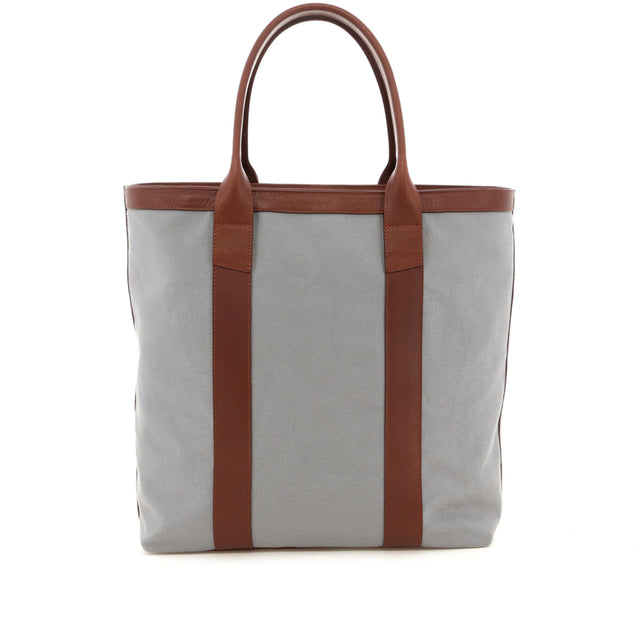 Tall Tote - Grey Canvas / Chestnut Tumbled Leather - Zipper Closure - Mediterranean Blue Sunbrella