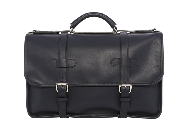 Bound Edge English Briefcase - Navy - Tumbled Leather - Silver Hardware - Sunbrella Lined