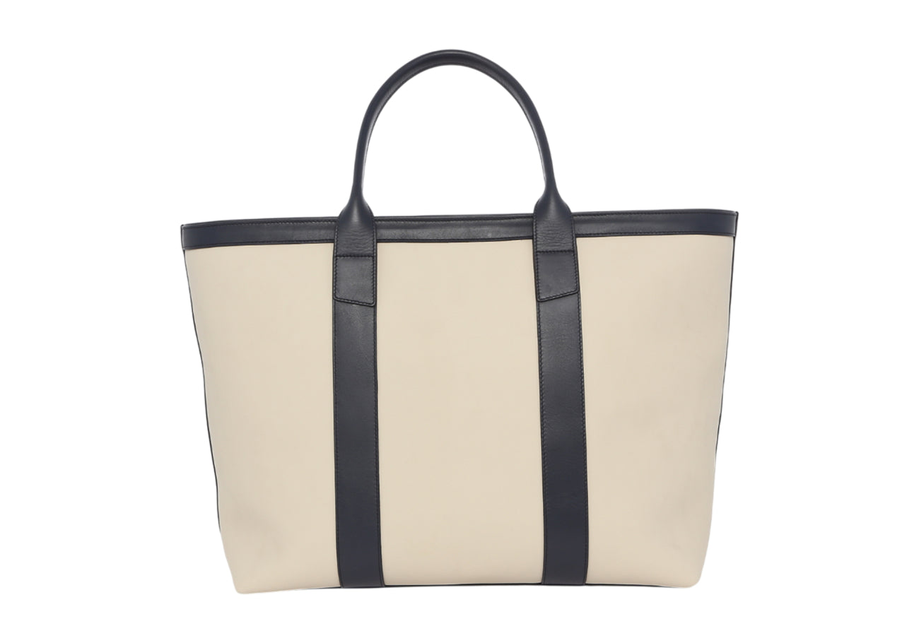 Signature Working Tote Oatmeal Navy Tumbled Leather Zipper Closure Ocean Sunbrella