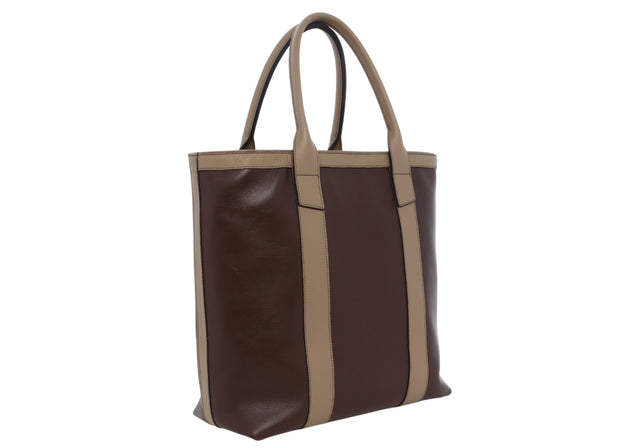 Tall Tote - Chocolate/Turtle Dove - Pebbled Leather - Zipper Closure - Linen Tweed Sunbrella