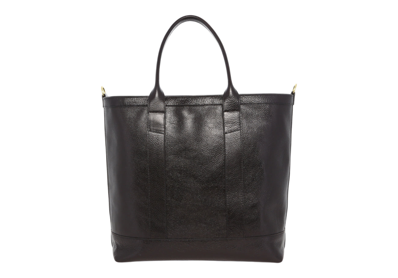 Tall Tote Black Polished Pebbled Leather Zipper Closure Sunbrella