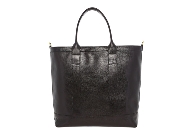 Tall Tote - Black - Polished Pebbled Leather - Zipper Closure - Turquoise Sunbrella