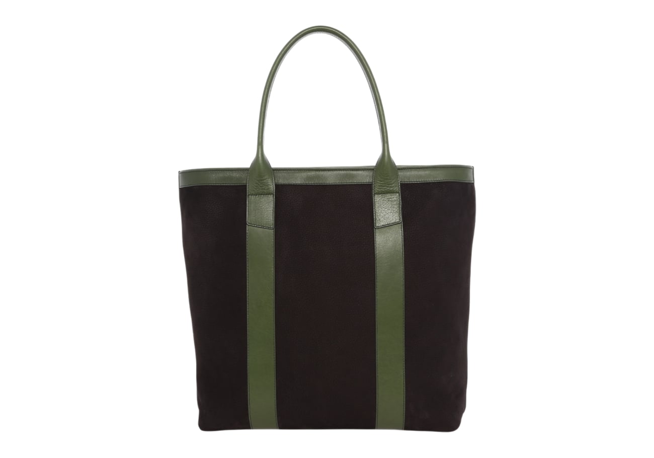 Tall Tote Green Nubuck Tumbled Leather Zipper Closure Dubonnet Tweed Sunbrella