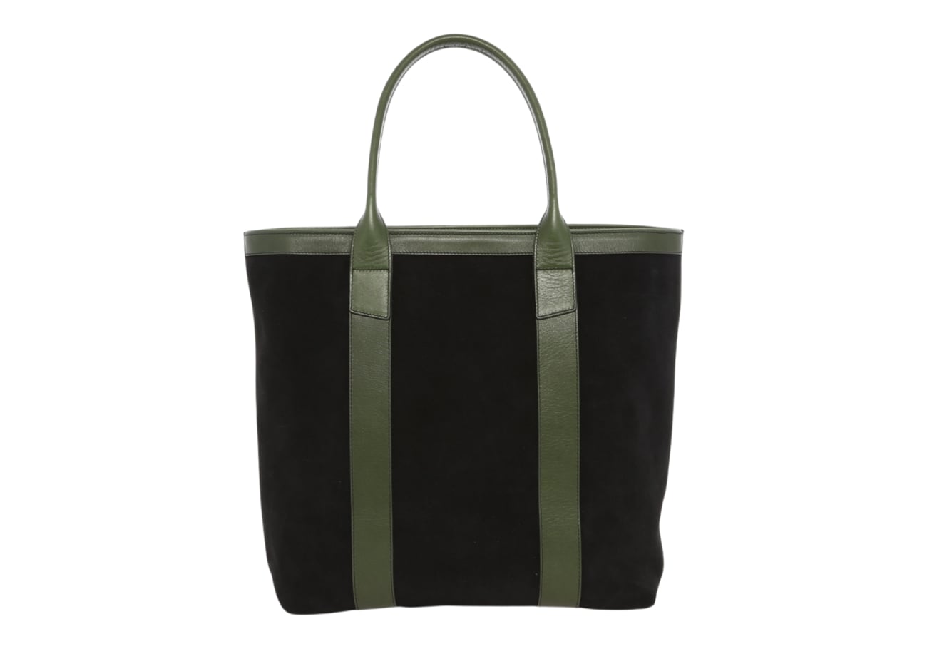 Tall Tote Black Green Suede Tumbled Leather Zipper Closure Tweed Sunbrella
