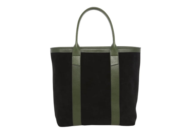 Tall Tote - Black/Green - Suede - Tumbled Leather - Zipper Closure - Royal Blue Tweed Sunbrella