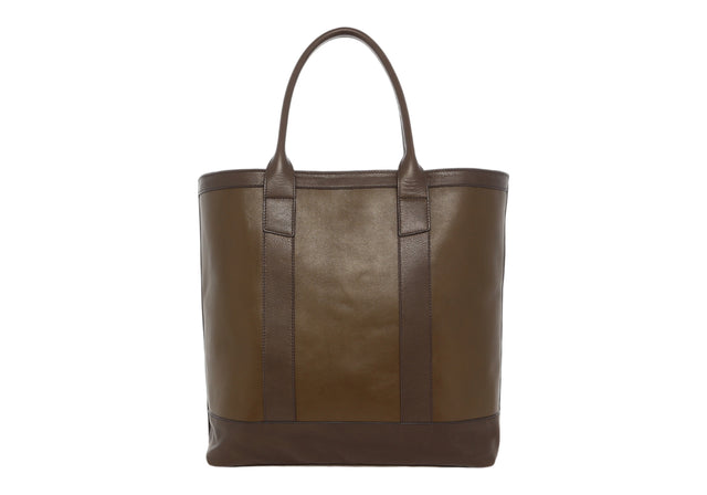 Tall Tote - Olive/Grape LeafTumbled Leather - Zipper Closure - Dubonnet Tweed Sunbrella