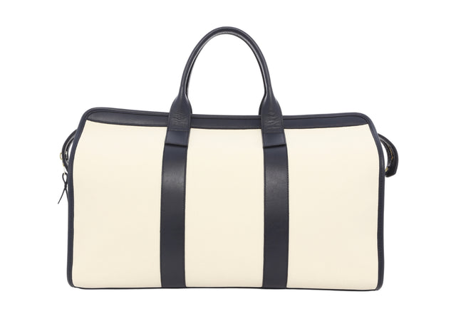 Signature Travel Duffle - White/Navy - Smooth Leather - Charcoal Sunbrella