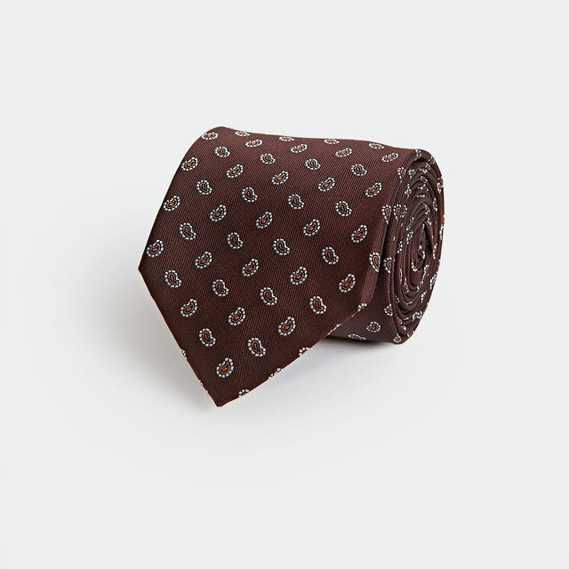 Oak Brown Small Paisley Motif Woven Silk Tie