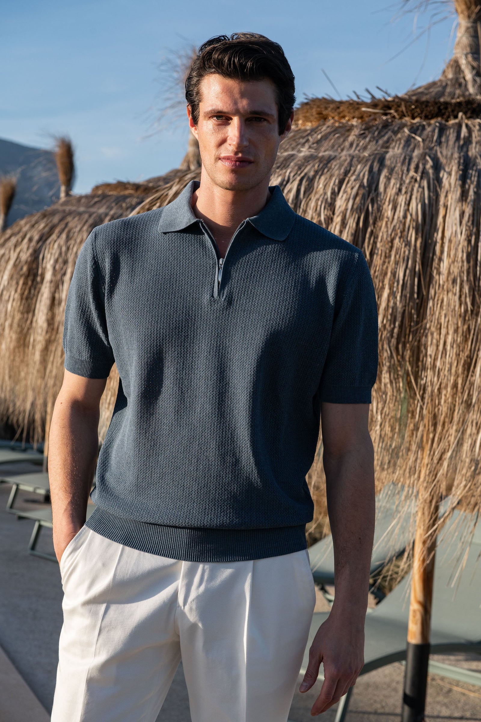 Ocean Textured Knit Polo With Zip Made In Italy