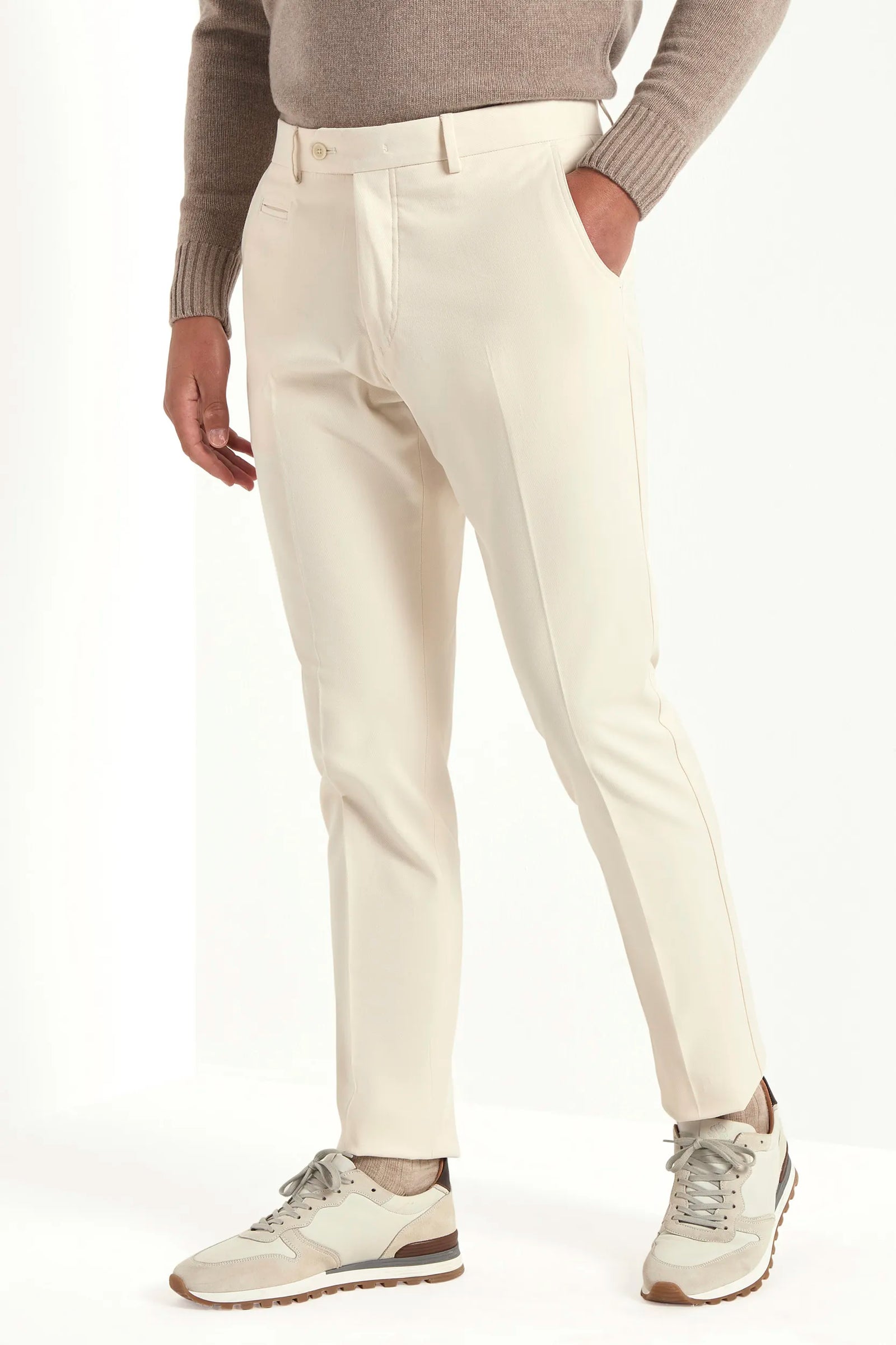 Off White Cotton And Cashmere Garda Trousers Made In Italy