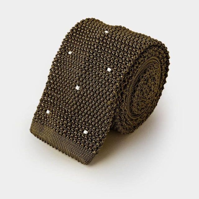 Olive Green & White Spot Knitted Silk Tie