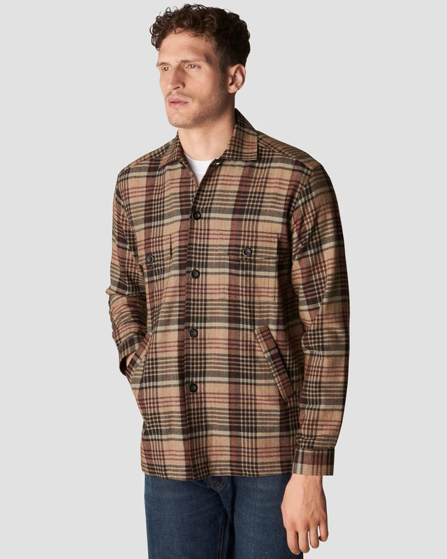 Braune Hemdjacke aus Baumwoll-Wolle-Kaschmir-Flanell mit Plaid-Karo - Eton