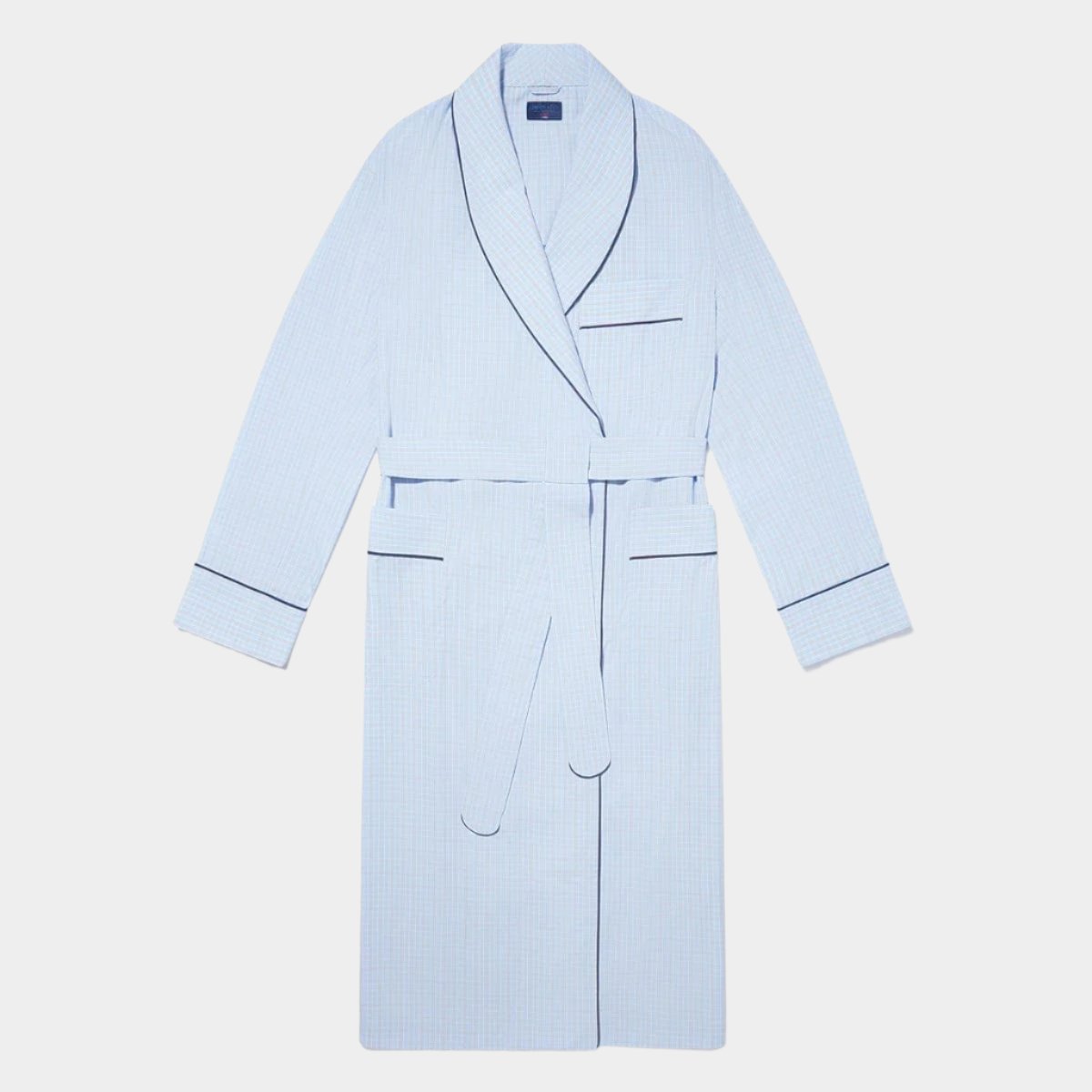 Navy Fine Check Cotton Gown With Navy Piping