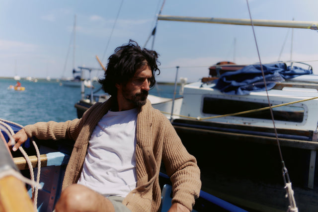 Blue Mogganer Harbourmaster Glenugie Chunky Shawl Cardigan -Sanday Camel