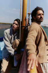 Blue Mogganer Harbourmaster Glenugie Chunky Shawl Cardigan -Sanday Camel