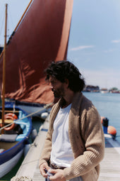 Blue Mogganer Harbourmaster Glenugie Chunky Shawl Cardigan -Sanday Camel
