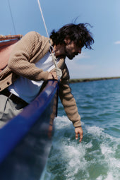 Blue Mogganer Harbourmaster Glenugie Chunky Shawl Cardigan -Sanday Camel