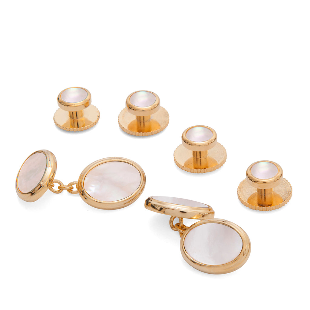 Mother-of-Pearl with gilt chain link dress stud cufflink set
