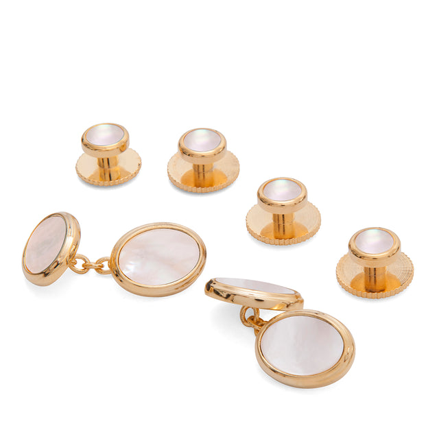 Mother-of-Pearl with gilt chain link dress stud cufflink set