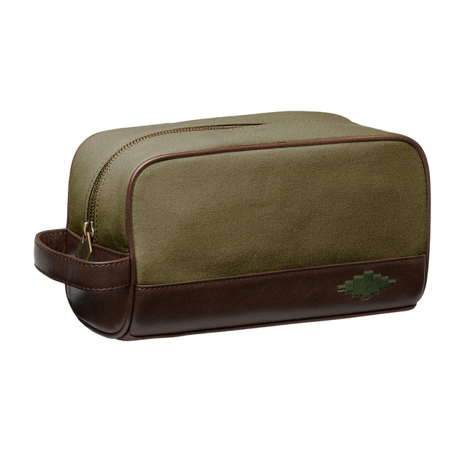 Hombre Washbag - Brown Leather and Forest Canvas with Dark Green Stitching