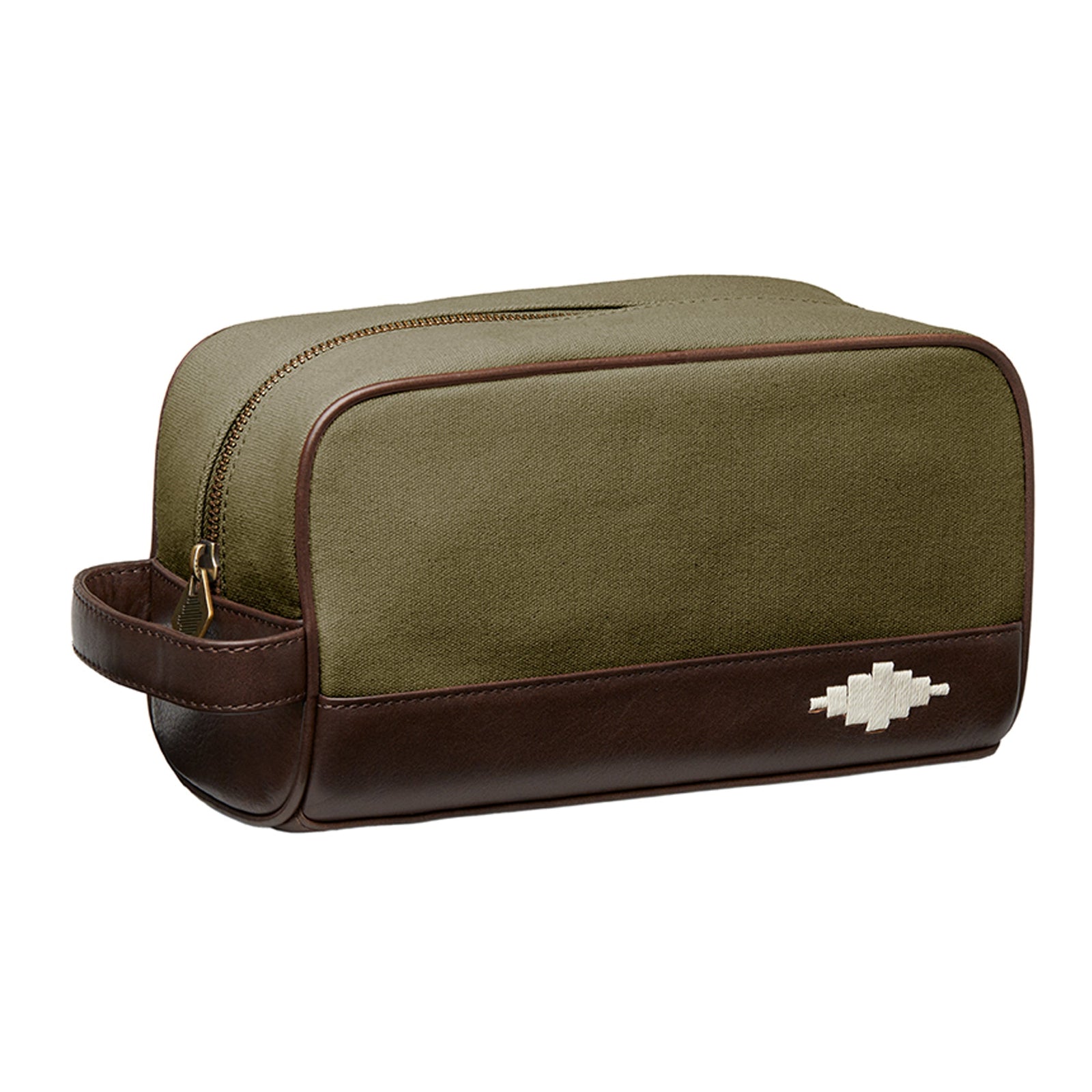 Hombre Washbag Leather And Forest Canvas With Cream Stitching