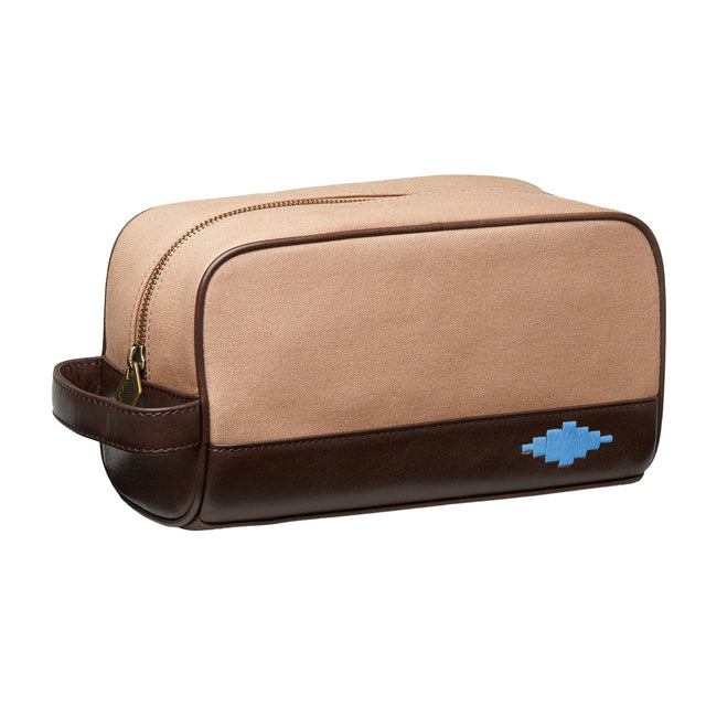 Hombre Washbag - Brown Leather and Sand Canvas with Blue stitching