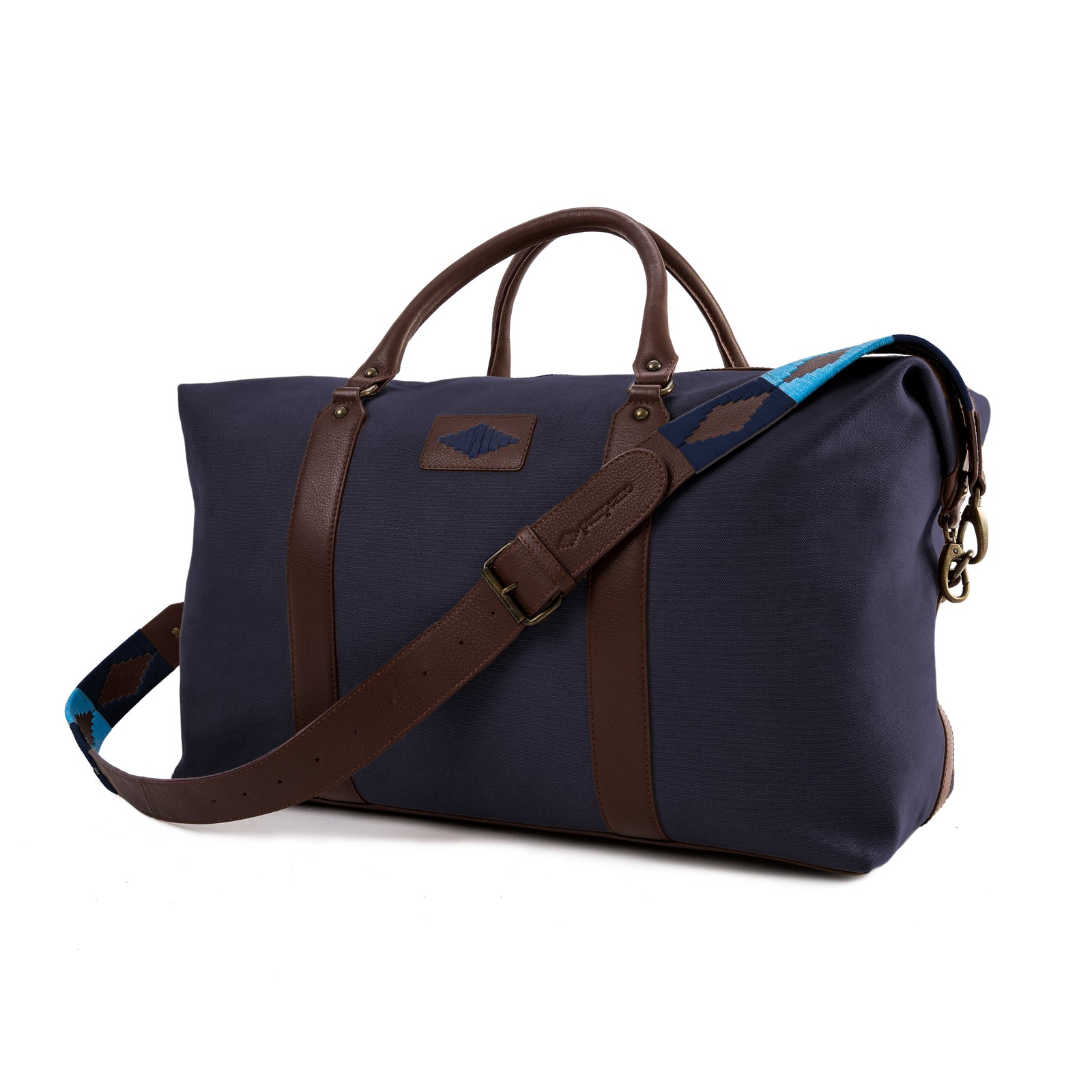 Caballero large travel bag - brown leather and navy canvas with navy stitching
