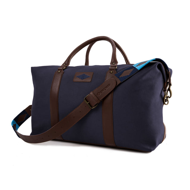 Caballero large travel bag - brown leather and navy canvas with navy stitching