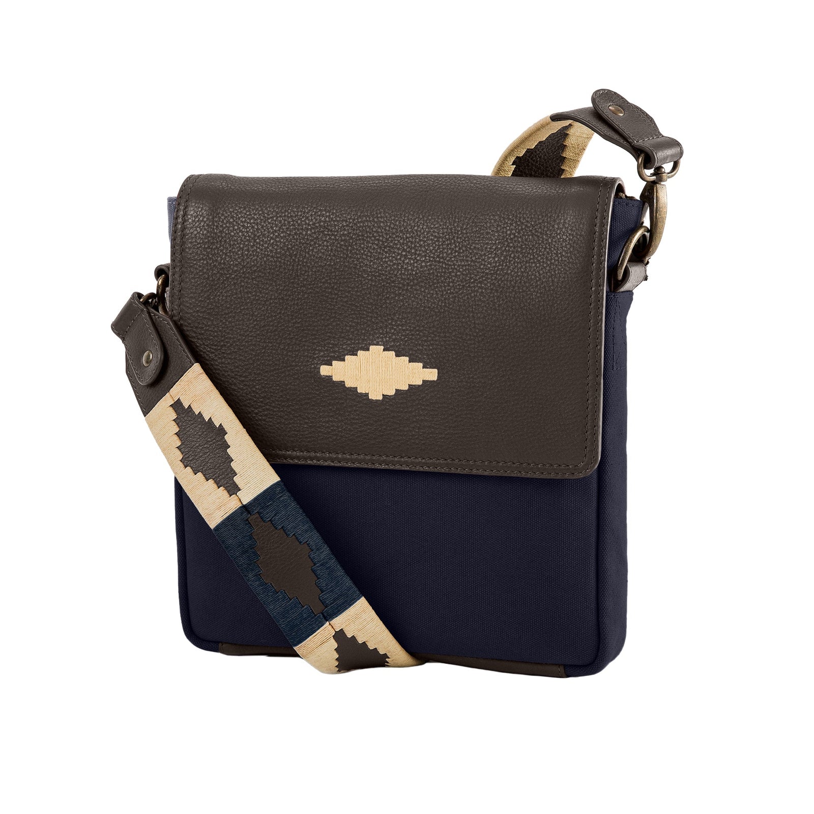 Bandolera Crossbody Bag Leather And Navy Canvas